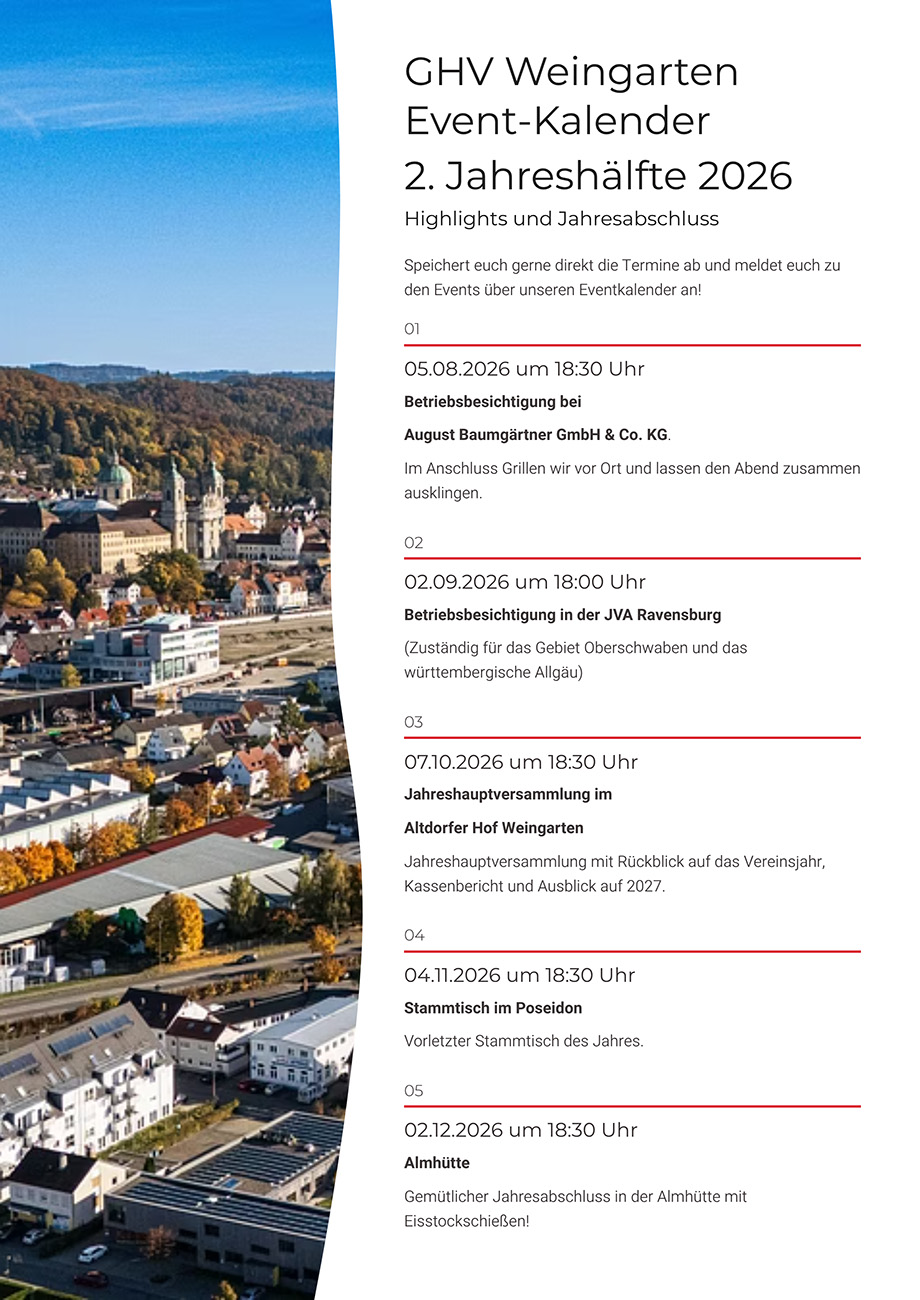 GHV Weingarten Event-Kalender 2026 2. Jahreshälfte